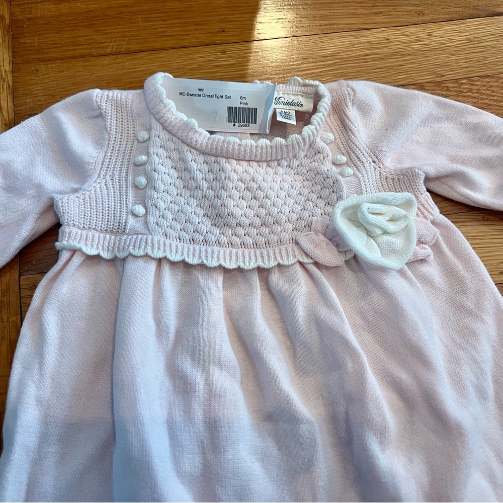 Neiman Marcus Miniclasix Pink Knit Baby Dress with White Flower 6mo - NWT